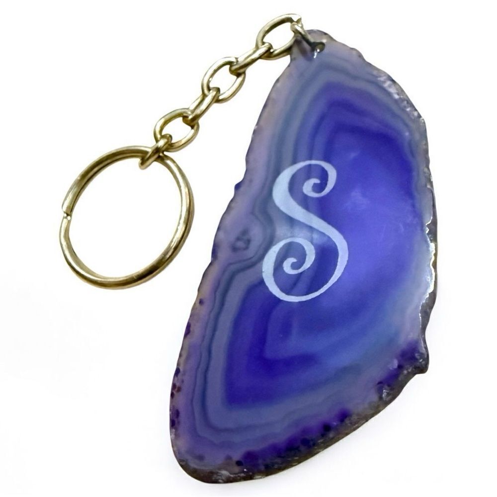 Purple Agate Slice Keychain with “S” Monogram – Natural Stone Initial Charm